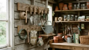 Herramientas de jardinería almacenadas de forma organizada