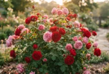 Rosal saludable en plena floración en el jardín