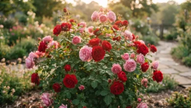 Rosal saludable en plena floración en el jardín