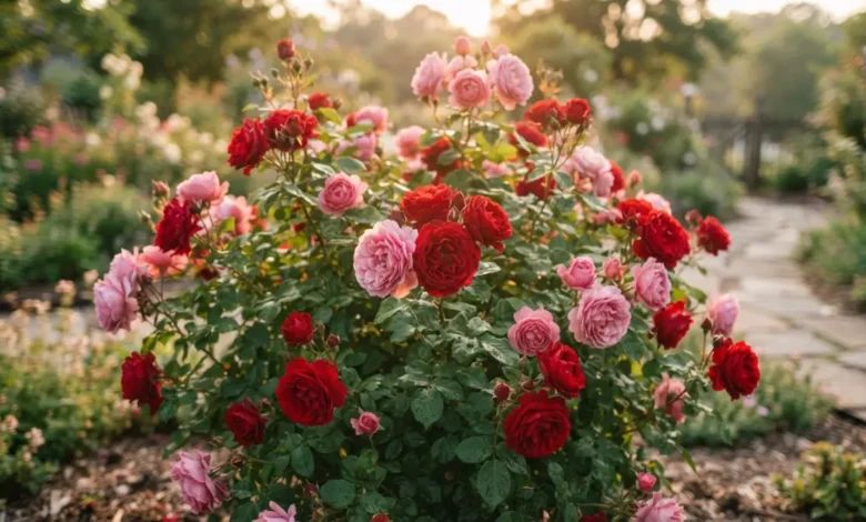 Rosal saludable en plena floración en el jardín