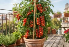 Planta de tomate cherry cultivada en maceta con frutos maduros