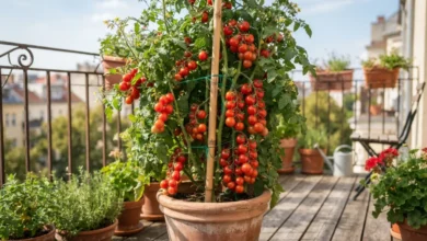 Planta de tomate cherry cultivada en maceta con frutos maduros