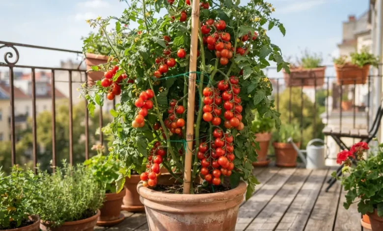 Planta de tomate cherry cultivada en maceta con frutos maduros
