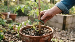 Instalando tutor de soporte para planta de tomate en maceta