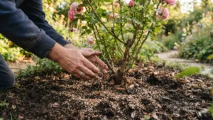 Fertilizando la base de un rosal en el jardín