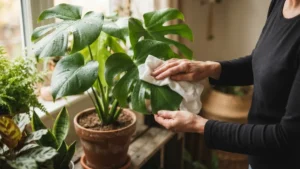 Limpiando las hojas de una planta de interior con un paño húmedo