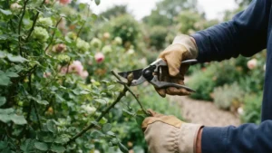 Podando un rosal con tijeras en ángulo correcto