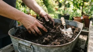 Preparando sustrato con compost para el huerto en macetas