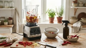 Preparando infusión natural de ajo y chile contra plagas