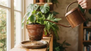 Regando correctamente una planta de interior hasta el drenaje