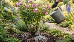 Regando la base de un rosal sin mojar las hojas