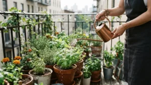 Regando las plantas de un huerto casero en macetas