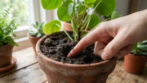Comprobando la humedad de la tierra antes de regar una planta
