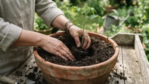 Plantando una plántula de tomate en maceta con sustrato