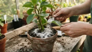 Aplicando tierra de diatomeas alrededor de la base de una planta
