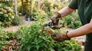 Podando una planta con tijeras de jardinería