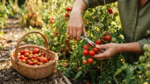 Cosechando tomates cherry maduros de la planta en maceta